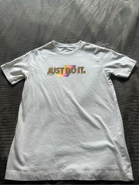 Nike White Short Sleeve Tee with Multicolor "Just Do It" Logo